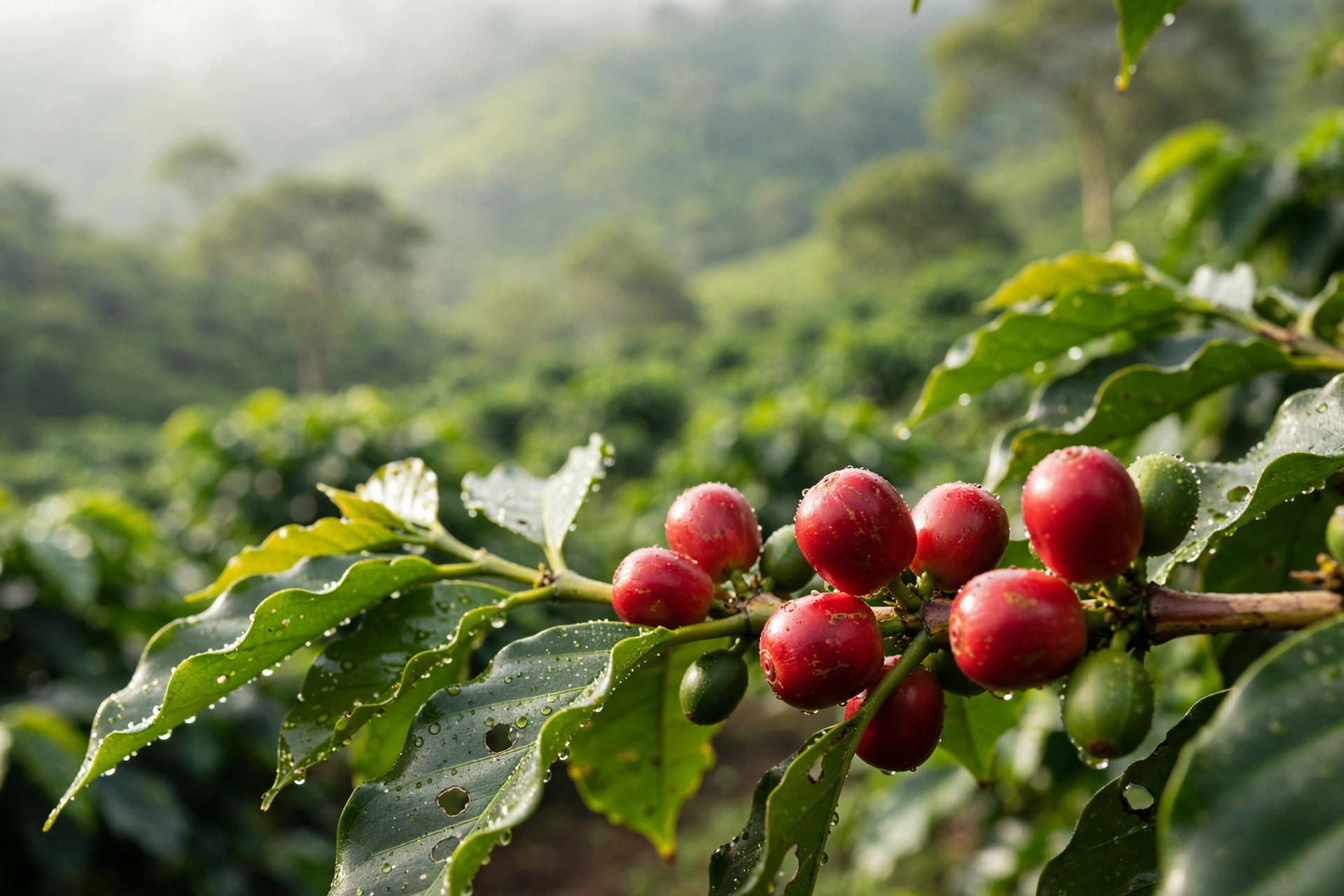 Ripe coffee cherries on a Guatemalan finca